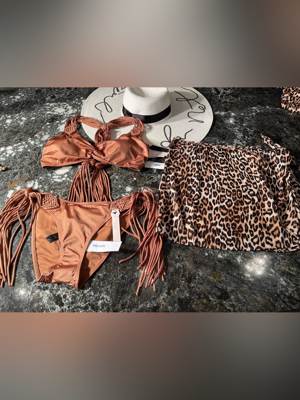 Victoria's Secret Bronze Fringe Bikini Top & Bottom & Leopard Cover-Up L/M set